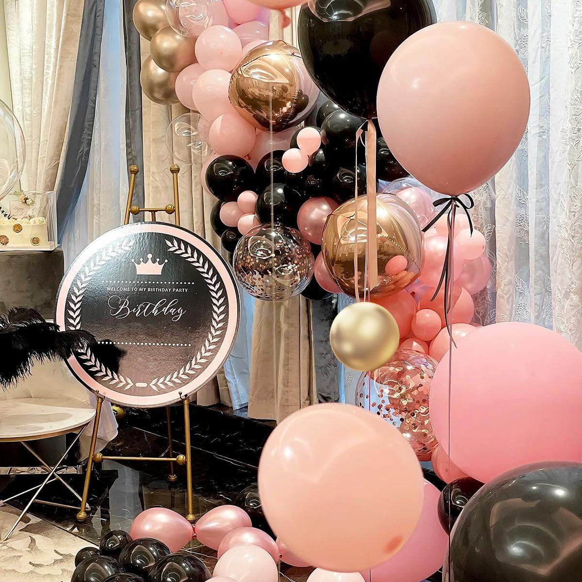 Black Pink and Gold Balloon Garland Arch Kit, 156 Pastel Pink Matte Black Metallic Gold Balloons for Women Girls Party Birthday Wedding Bridal Shower Bachelorette Anniversary Graduations