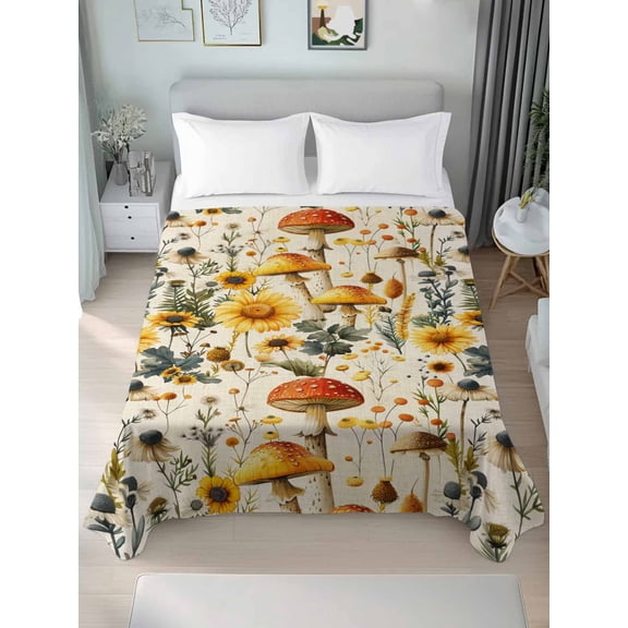 Mushroom Queen Size Flat Sheet, Wrinkleproof & Fadeproof Cooling Flat Bed Sheet Only, Sunflowers Spring Floral Summer Botanical Breathable Soft Bedding Top Sheets 90 x 102 Inches