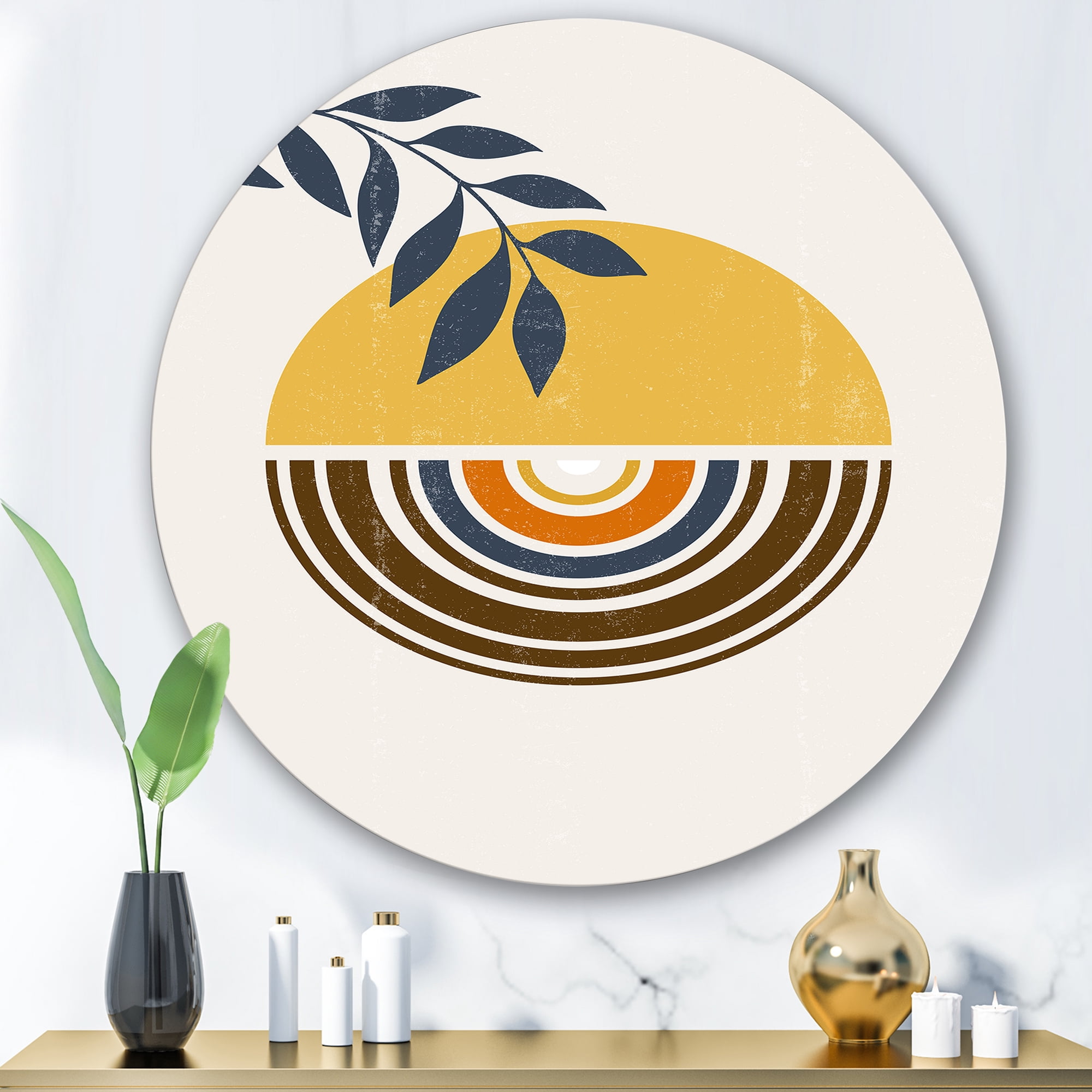 Designart 'Abstract Sun and Moon Leaves ' Modern Circle Metal Wall Art 29x29 - Disc of 29