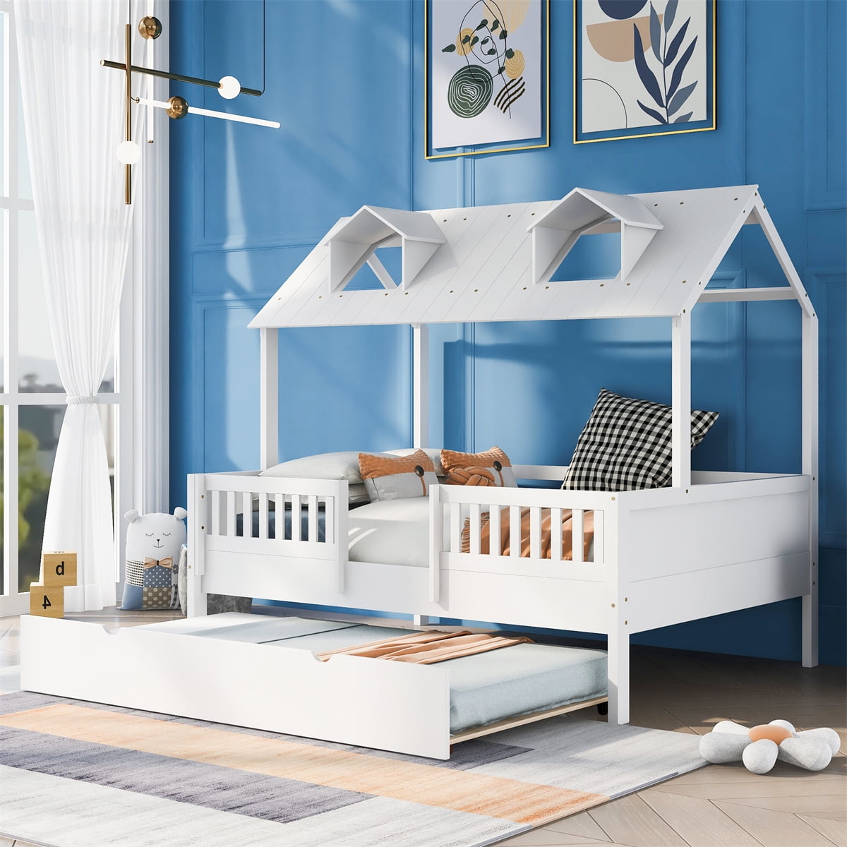 JINS&VICO Full Size Kids House Bed with Twin Size Trundle, Wooden Bed Frame with Roof, Windows