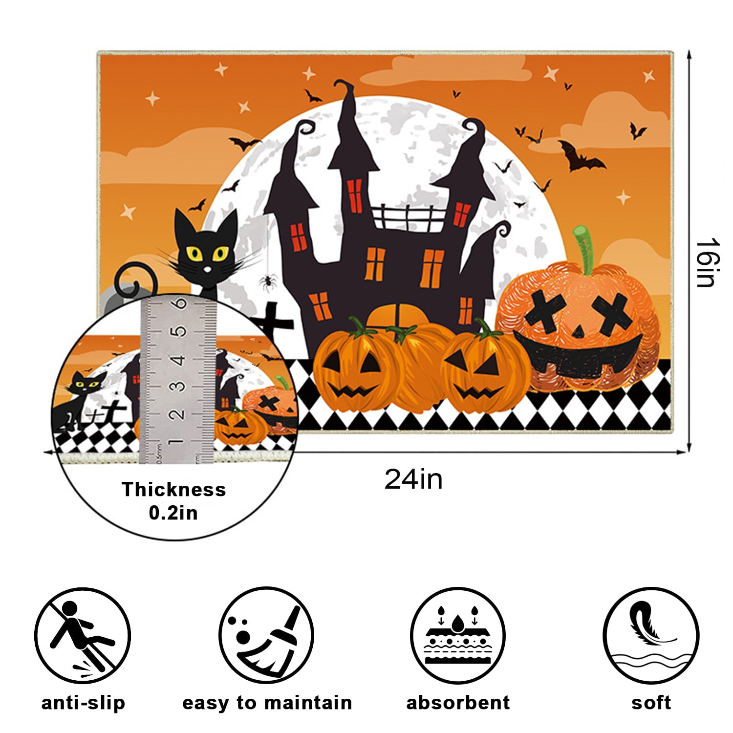 Halloween Doormat Pumpkin Pattern Floor Mat Black Cat 16*24 Non Slip Seasonal Halloween Kitchen Rug, Machine Washable Indoor Rug for the Floor Orange
