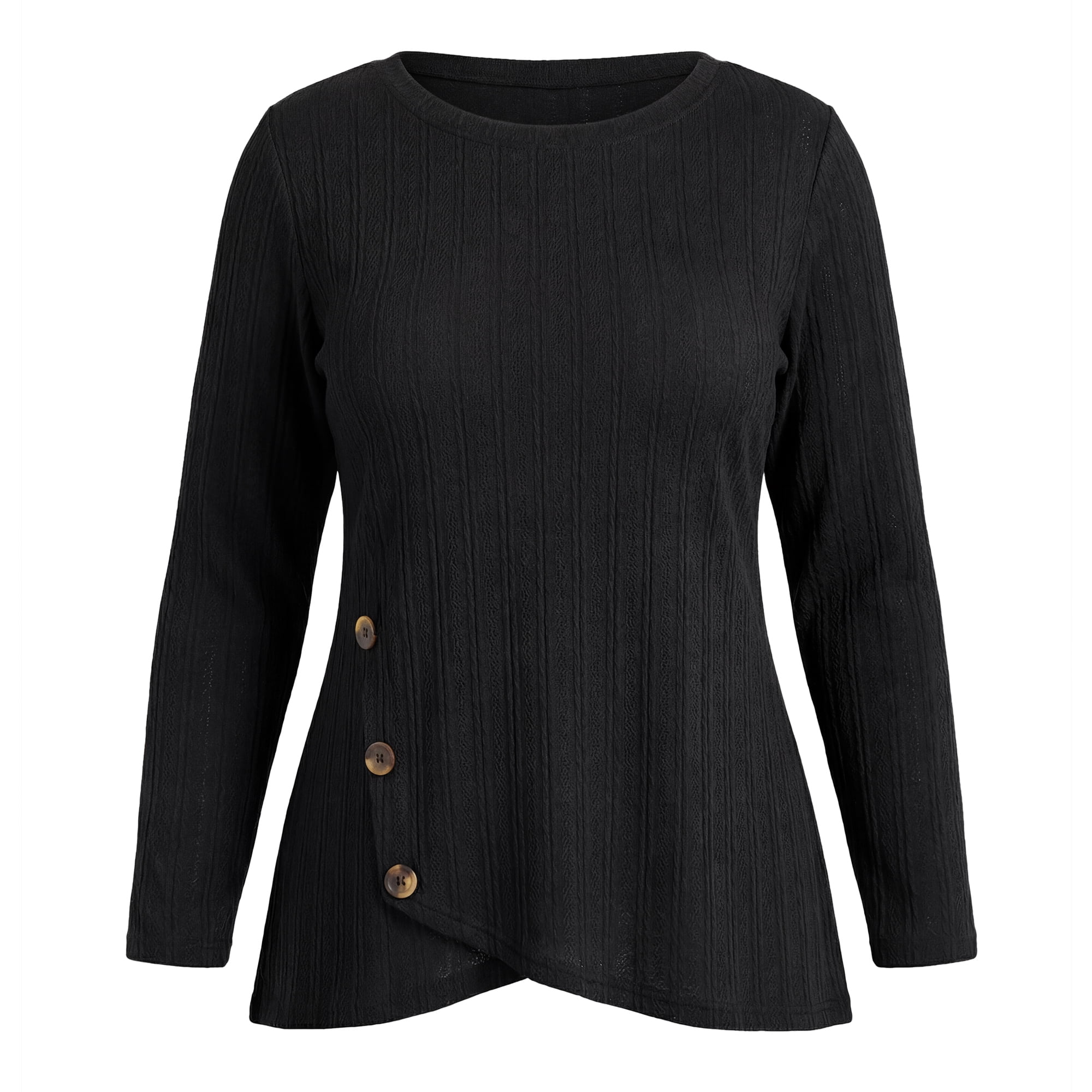DARING DIVA Women's Plus Crew Neck Crossover Hem Long Sleeve 2X Black