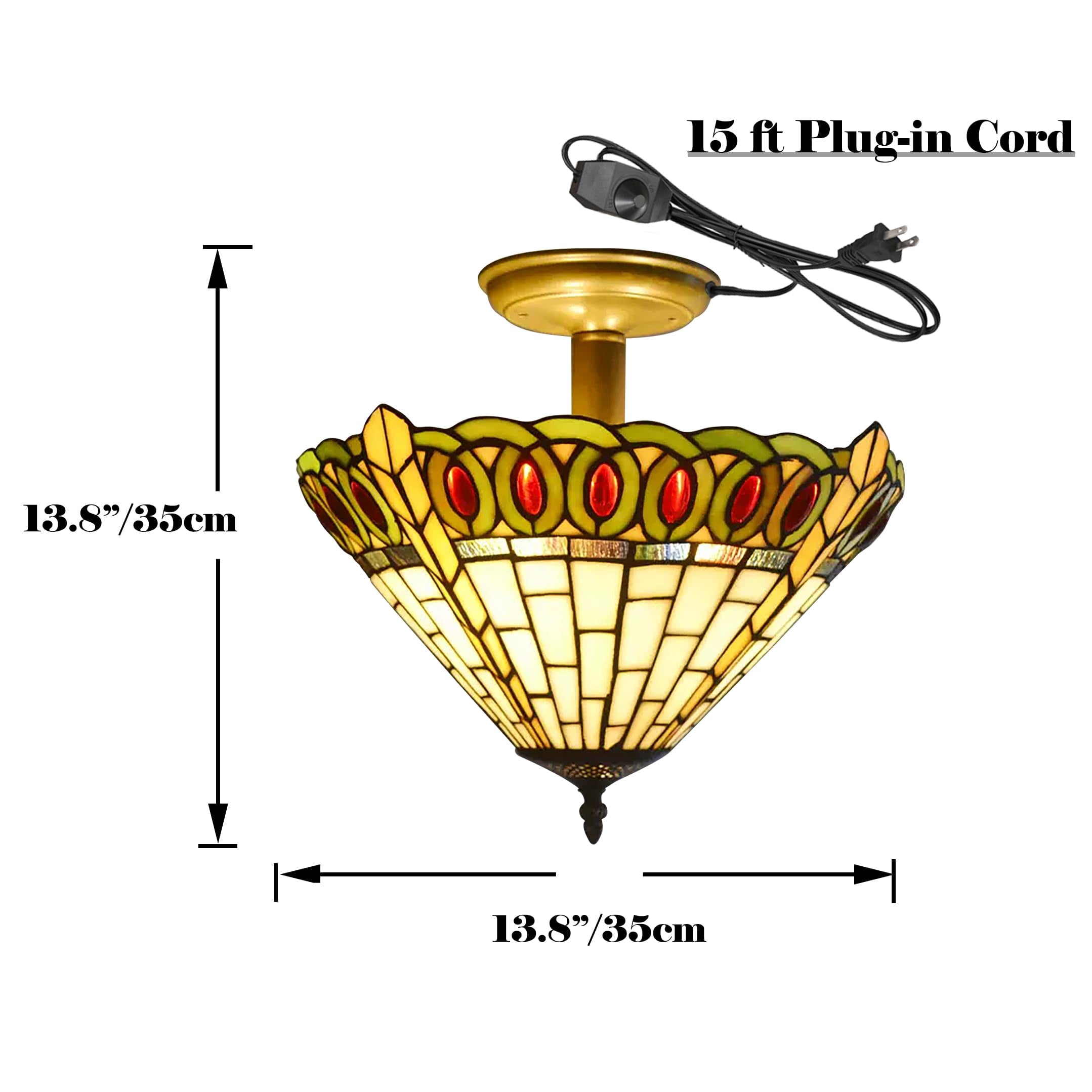 Kiven 13.8in Flush Mount Ceiling Light Fixture Dimmable, 3-Light Anti Glare Close to Ceiling Light with 15FT Plug-in Cord, Tiffany-Style Glass Chandelier for Bedroom Kitchen Hallway(No.3215)