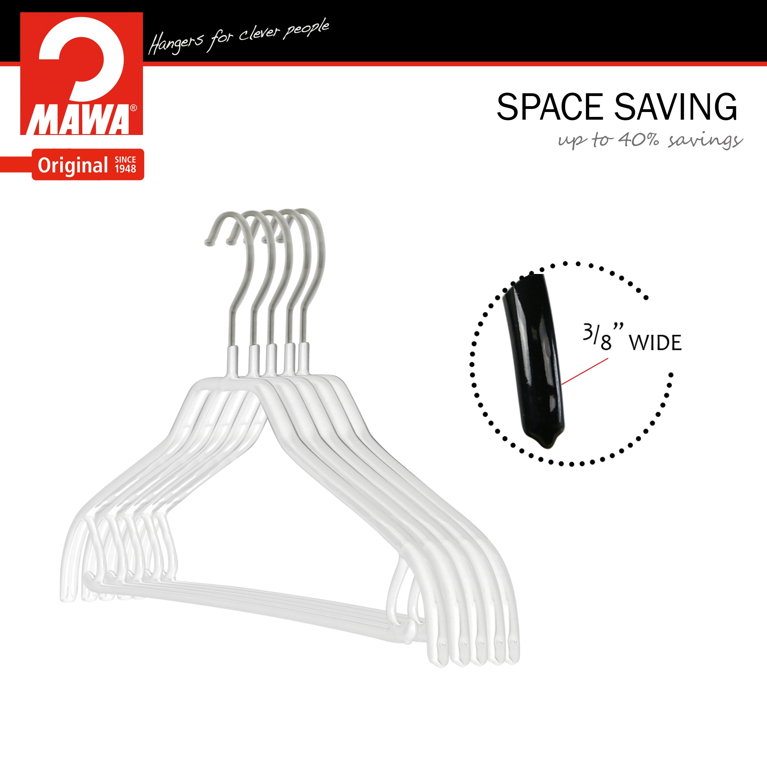 Mawa by Reston Lloyd Silhouette Series Non-Slip Space Saving Hanger with Pant Bar/Skirt Hook, Style 41/FRS, Set of 5, White