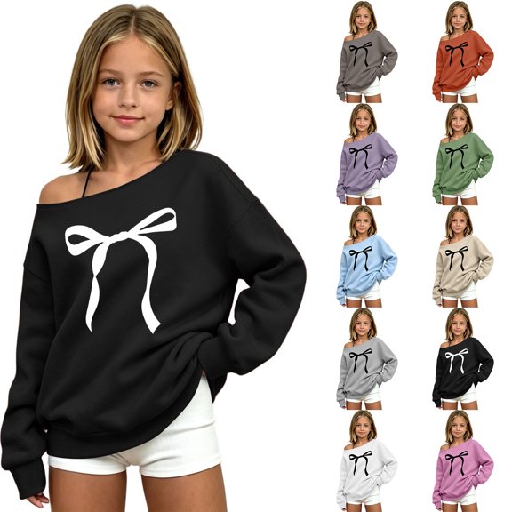 Shadoumai Girls Off The Shoulder Sweatshirts Bow Print Clothes Fall Winter Oversized Long Sleeve Y2k Loose Fit Tunic Pullover Sweater Tops