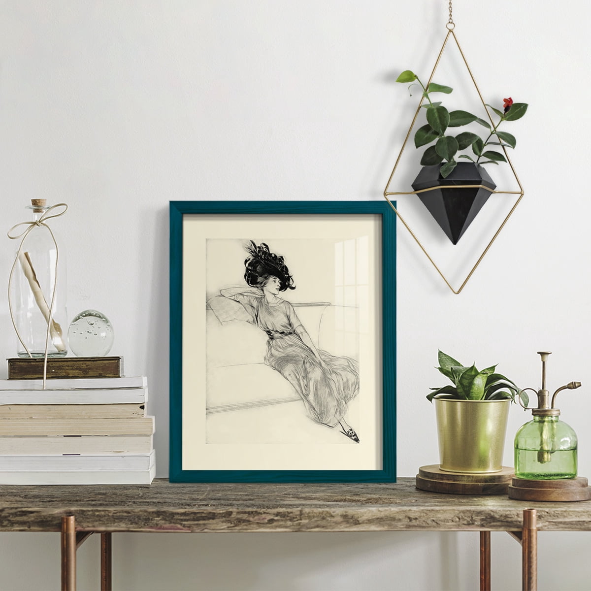 Feather Hat I -Framed Print w/glass-Ocean Blue