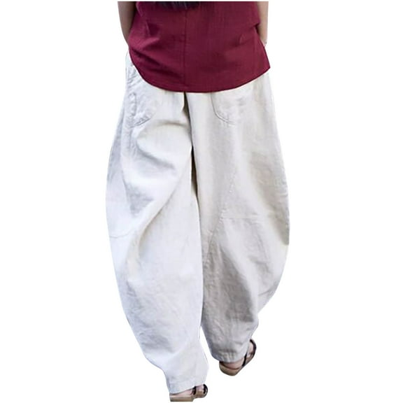 Womens Casual Linen Baggy Pants Elastic Waist Relax Fit Cotton Hippie Gypsy Harem Pant Drop Crotch Yoga Pants