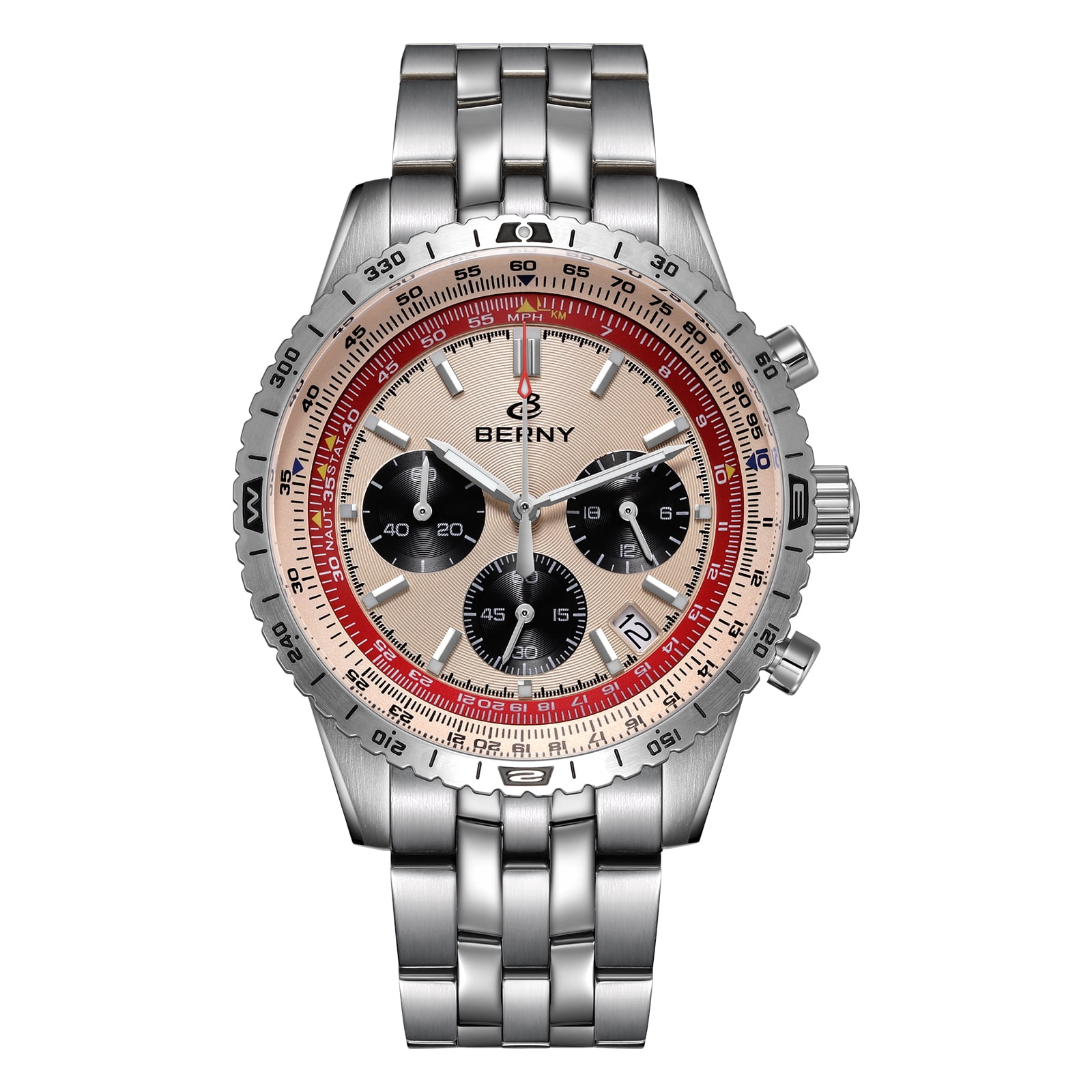 BERNY Silver Chronograph Watches for Men, Sport Luxury Analog Quartz Watch with Tachymeter, Stainless Steel, Waterproof, Luminous, Sapphire Crystal, Date Calender, Men's Wristwatch (Beige)