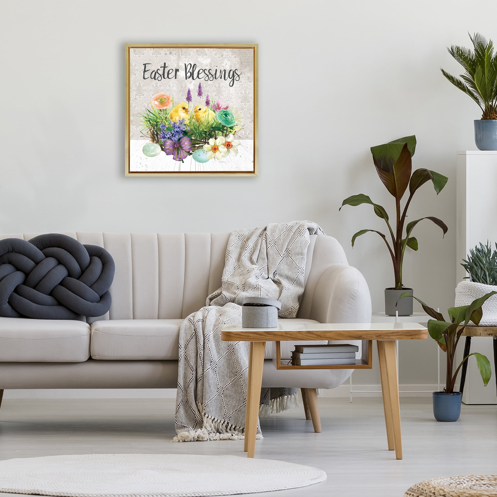 Stupell Industries Easter Blessings Basket of Flowers Gold Framed Floater Canvas Wall Art, design by Carol Robinson