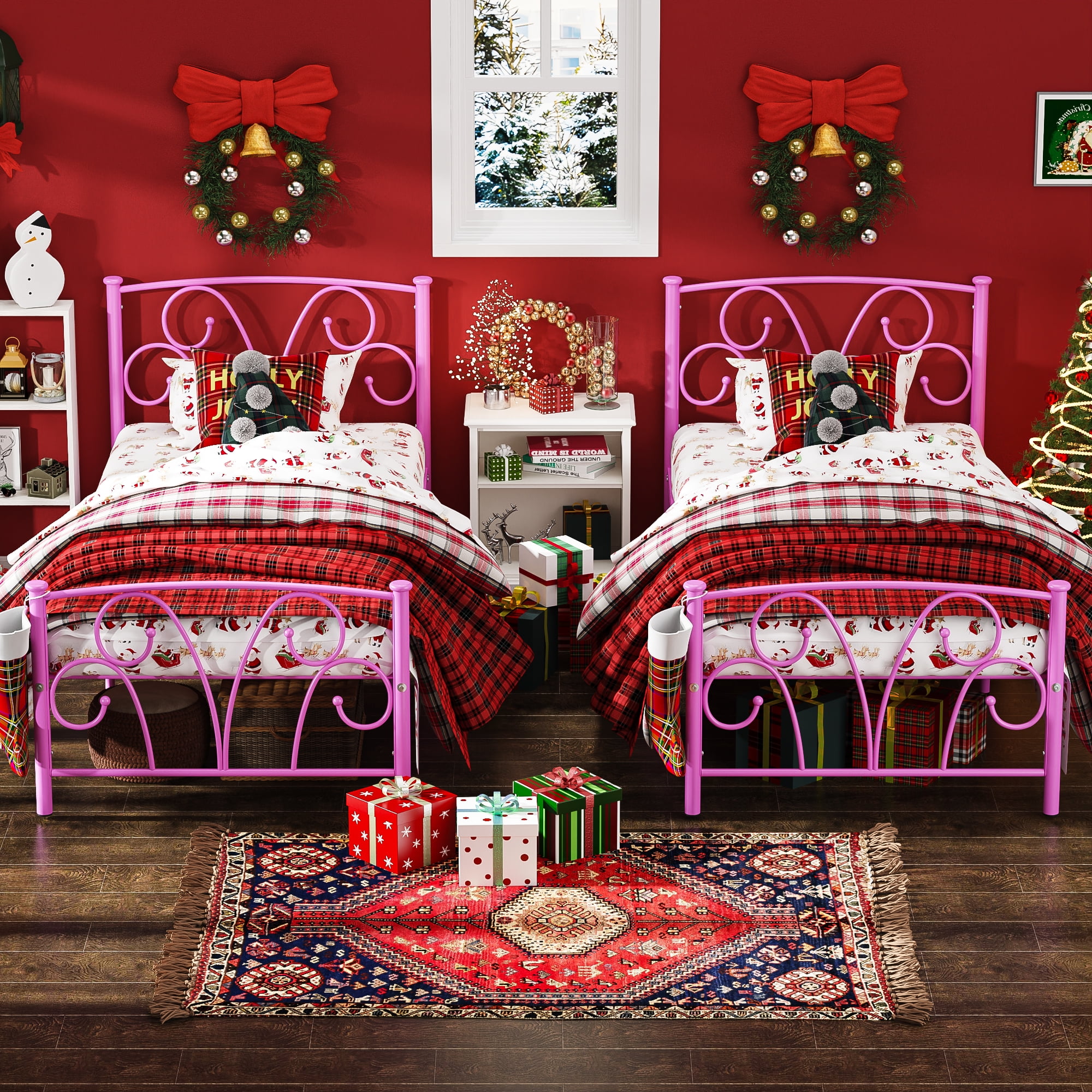 Yoneston 14" Heavy Duty Twin Metal Platform Bed Frame with Headboard for Girls Bedroom Furniture, Pink