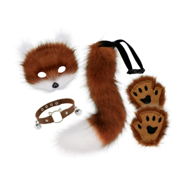 BELOVING Ensemble Collier et Queue d'Animal Visage d'Halloween pour Bal Boîte de Nuit Jeu de Rôle Rouge Brun Blanc