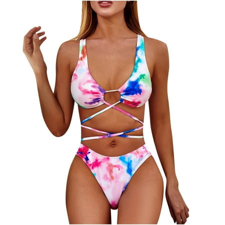 

2 Piece Bikini Tie-dye Swimsuit for Women Sports Mid Waisted Criss Cross Tankini Bathing Suits with Bikini Bottom