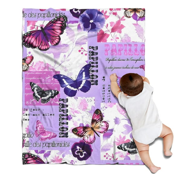 Purple Butterfly Flower Text Pattern Blanket,Comfortable Soft Flannel Throw Blanket,All Season,Warm Lightweight Blankets for Sofa Bed Couch Living Room Chair,30"x40"