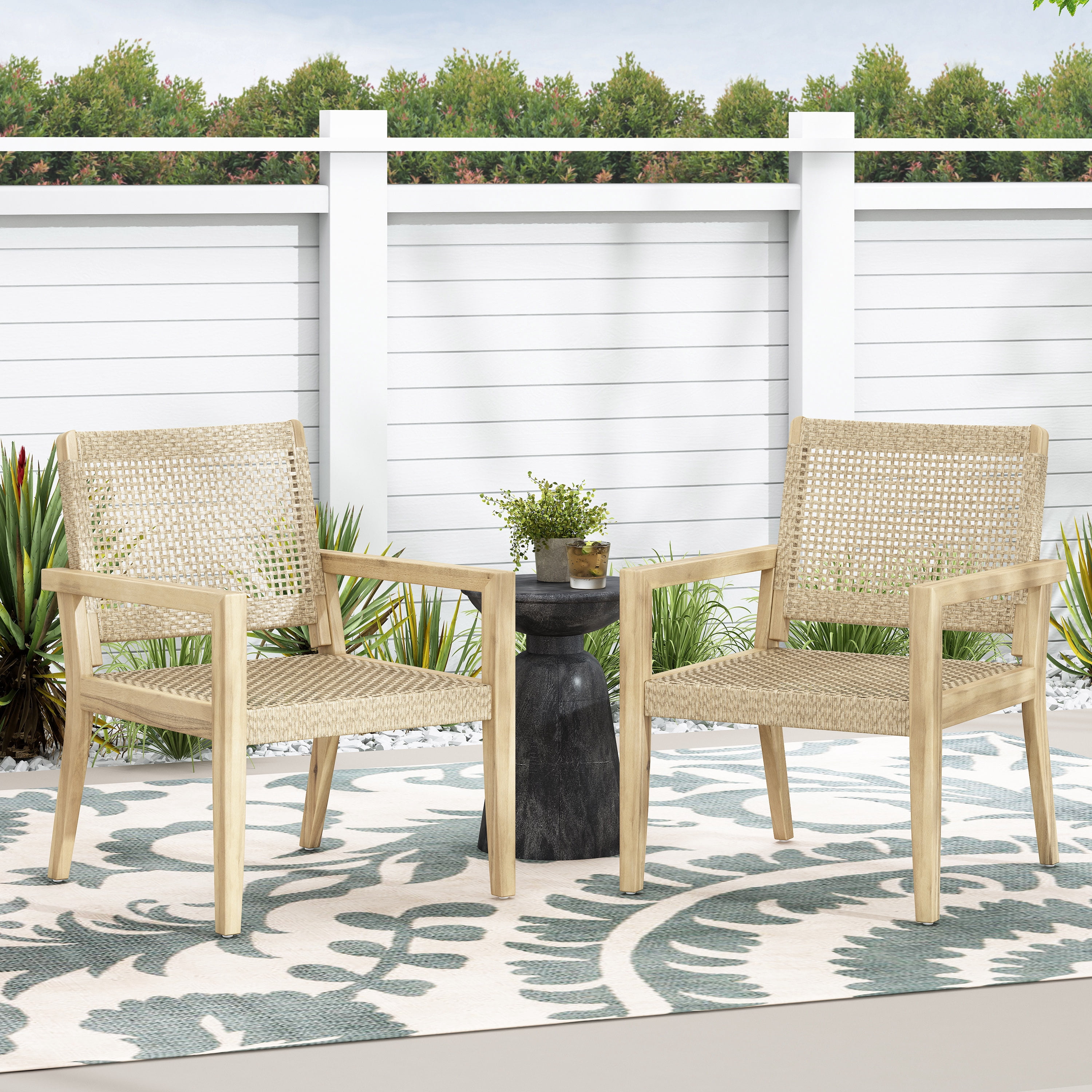 Outdoor Single Seat Chair Set of 2, Combined Wicker and Acacia Wood Structure for Patio Garden, Light and Light Brown
