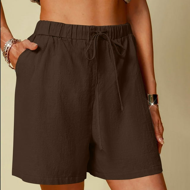 Soki Women's Cotton Linen Shorts Solid Color Comfortable Elastic Wide Leg Casual Shorts