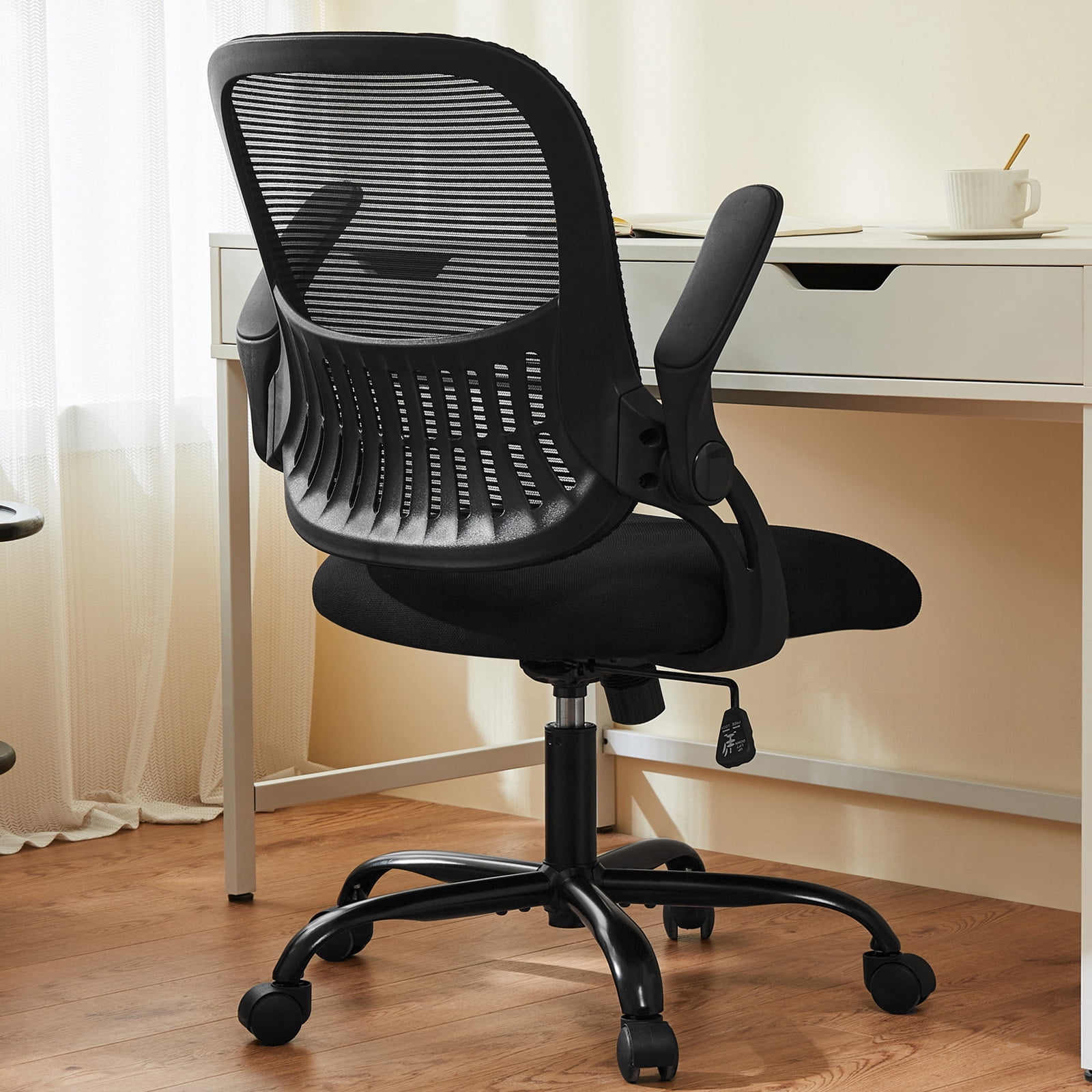 JOINSUN Office Computer Desk Chair, Ergonomic Mesh Mid-Back Rolling Work Swivel Task Chairs with Lumbar Support and Flip-up Arms for Home, Bedroom, Black