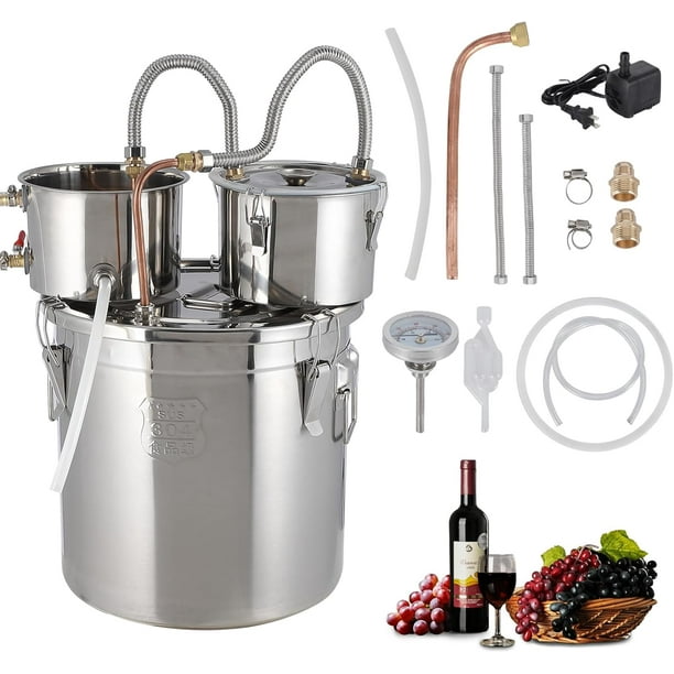Alambique doble refrigerado de 13 galones de acero inoxidable con tubo de cobre, termómetro incorporado, 3 ollas multiuso para whisky y brandy casero