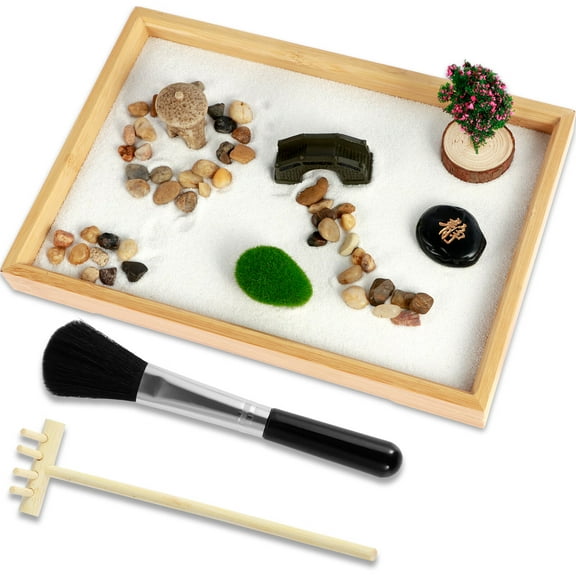 Pcapzz Zen Garden Kit DIY Zen Sand Set Mini Desktop Zen Decor Garden Funny Meditation with Artificial Tree Bridge Zen Sand Tray Play Kit for Meditation Gift 19x28cm