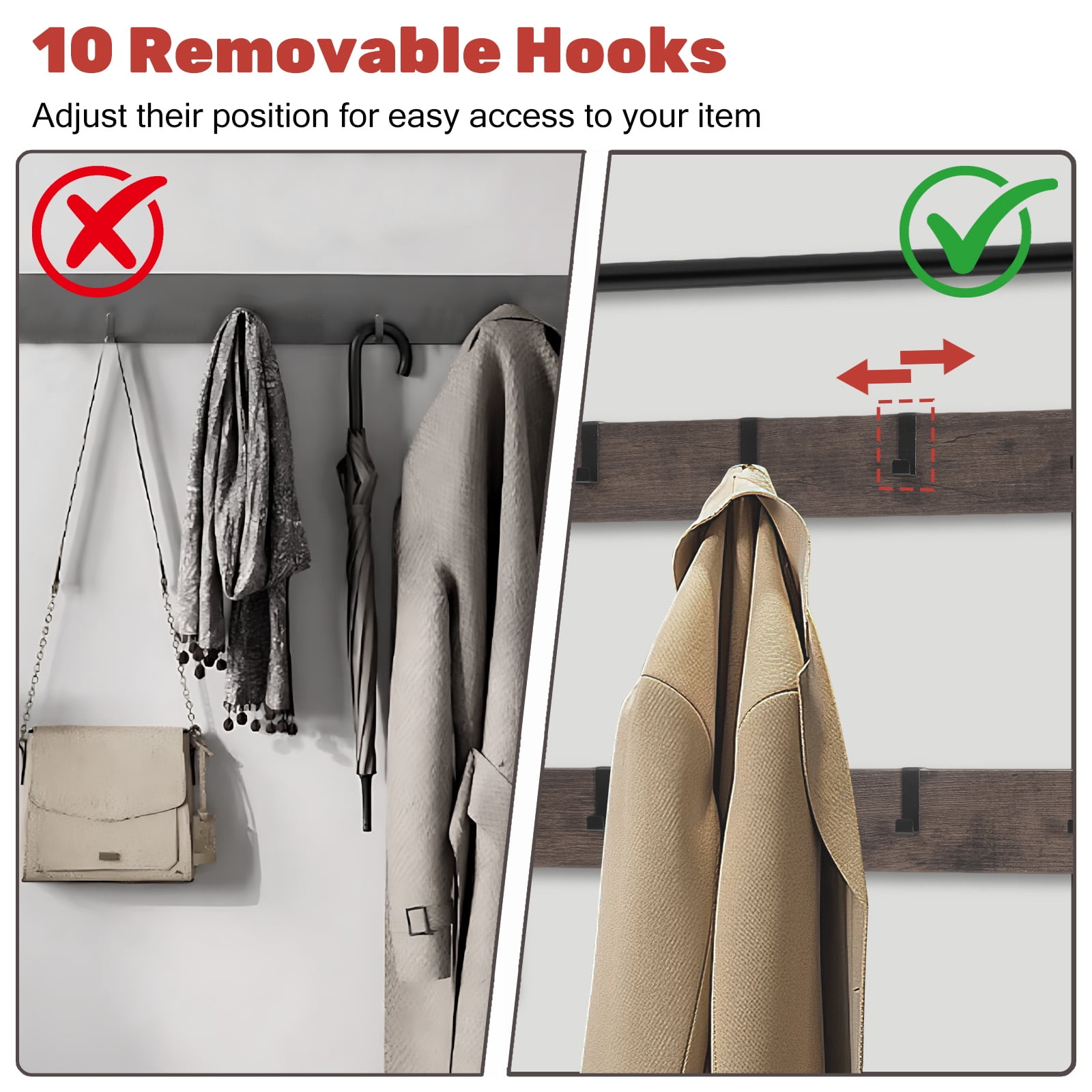 TrumanPick 4-in-1 Coat Rack, Hall Tree with Bench and Shoe Storage, Entryway Bench with Coat Rack, with 9 Removable Hooks & Hanging Rod, 13.3 x 28.3 x 72.1 Inches, Brown