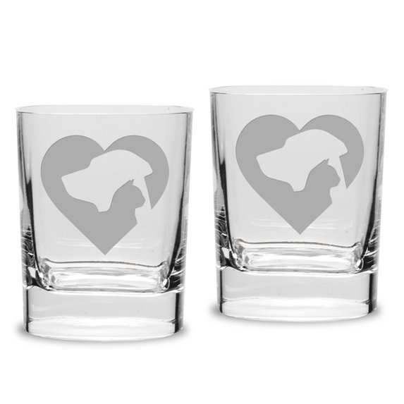 Cat Dog Heart Deep Etched Luigi Bormioli 11.75 oz Square Round Double Old Fashion Glass Set of 2