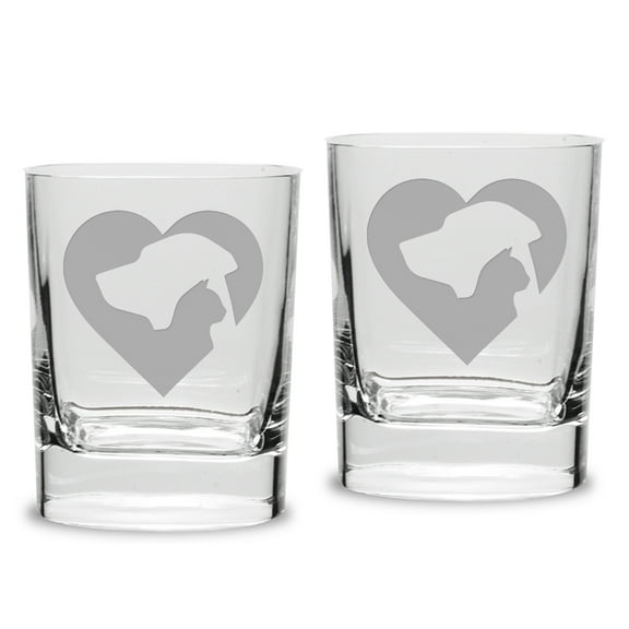 Cat Dog Heart Deep Etched Luigi Bormioli 11.75 oz Square Round Double Old Fashion Glass Set of 2