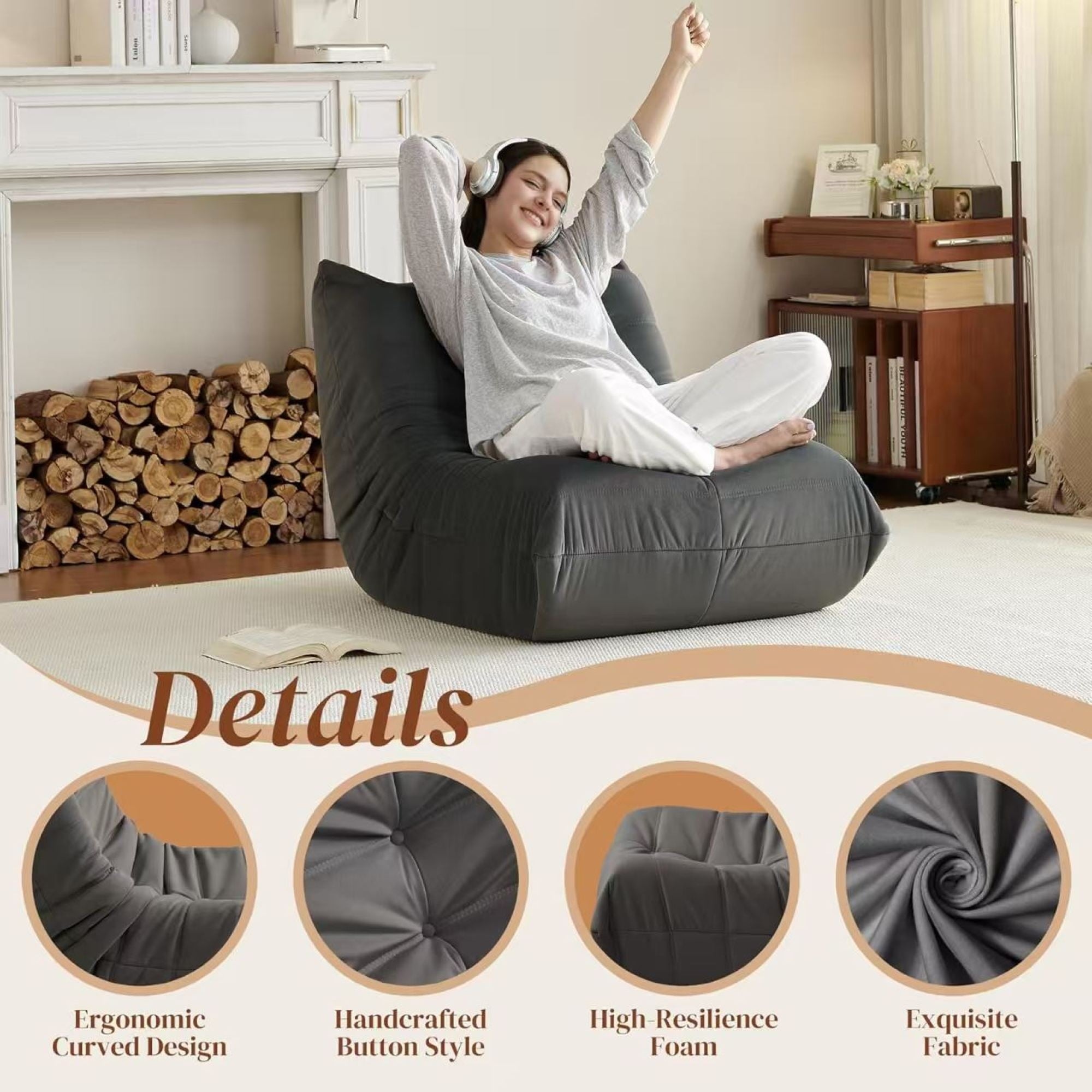 Modern Lounge Chair for Indoor,Button Tufted Corduroy Upholstered Recliner,Deck Chair for Bedroom Living Room,Gray