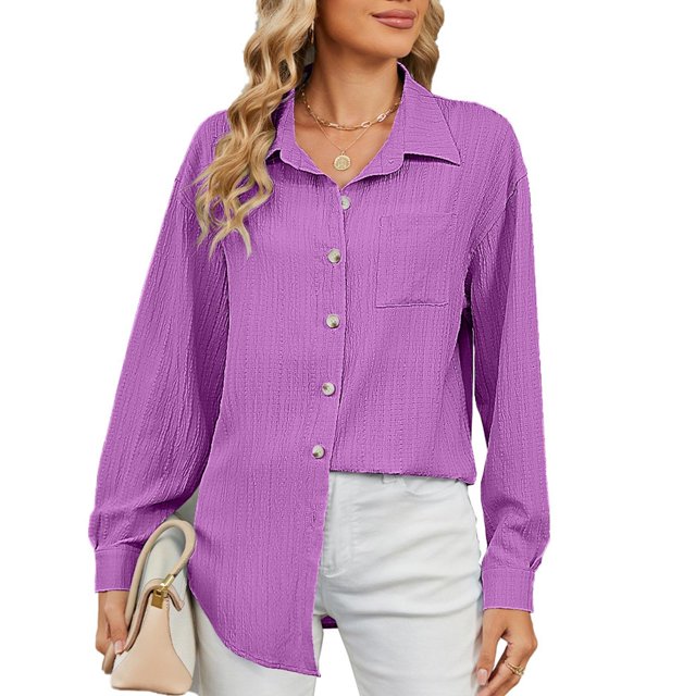 Timegard Formal Tops for Women Long Sleeve Lapel Neck Button Shirts Solid Color Work Casual Loose Tops