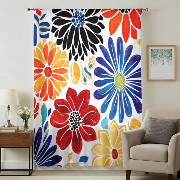 Ethnic Spring Floral Sheer Curtains 96 Inches Long, Summer Colorful Botanical Light Filering Curtains, Privacy Drapes Simi Floor to Veiling Curtain for Living Room Bedroom Large Window Treatment