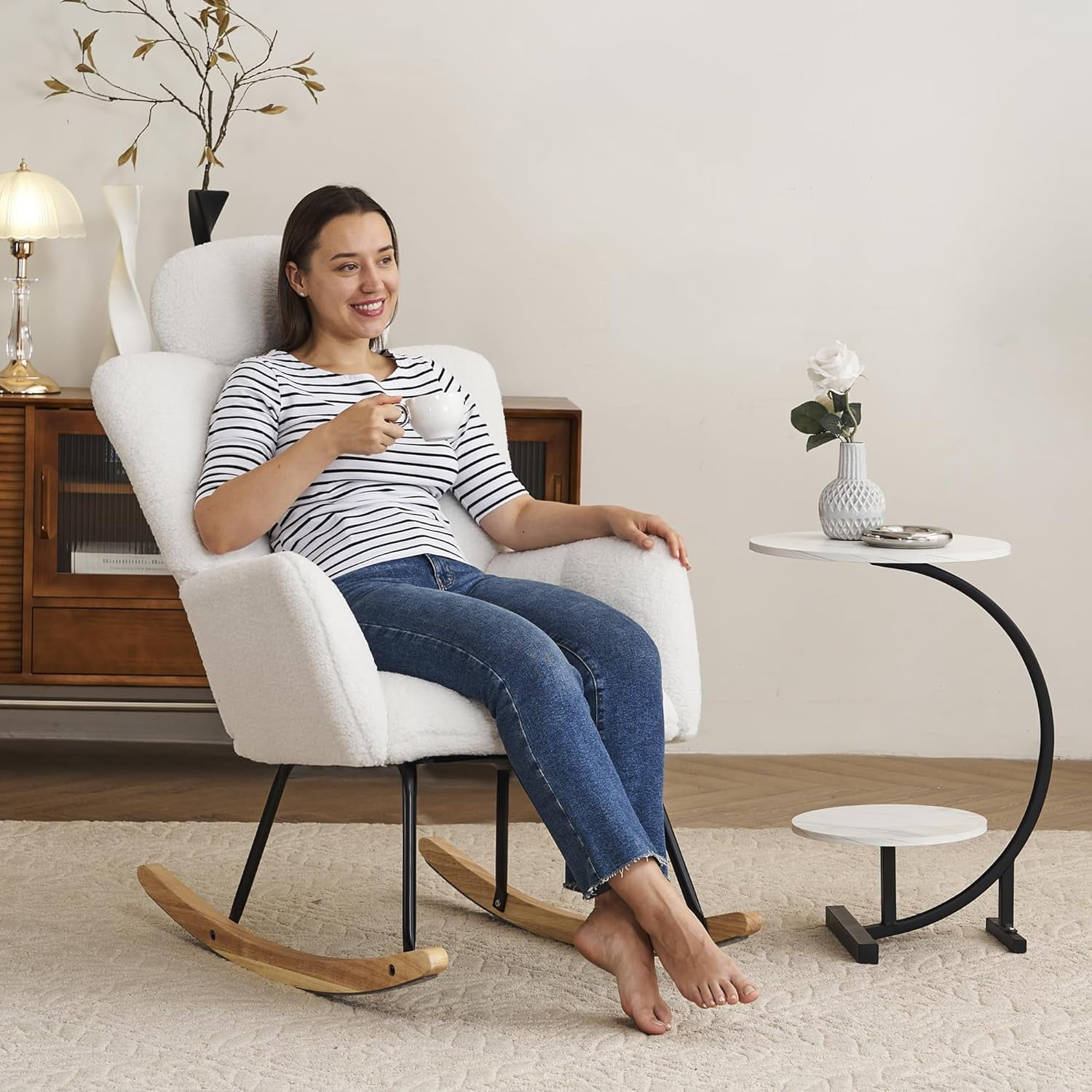Rocking Chair Nursery Teddy Upholstered Glider Rocker High Backrest Nursery Rocker Comfortable Armchair