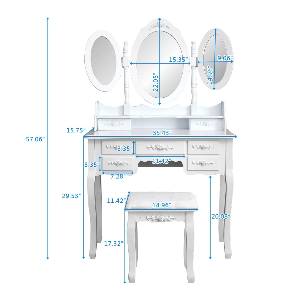 White Civigrape Vanity Set Foldable Table Set Dressing Tables 3 Mirrors with 7 Drawers Makeup Dressing Table with Cushioned Stool for Girls Women