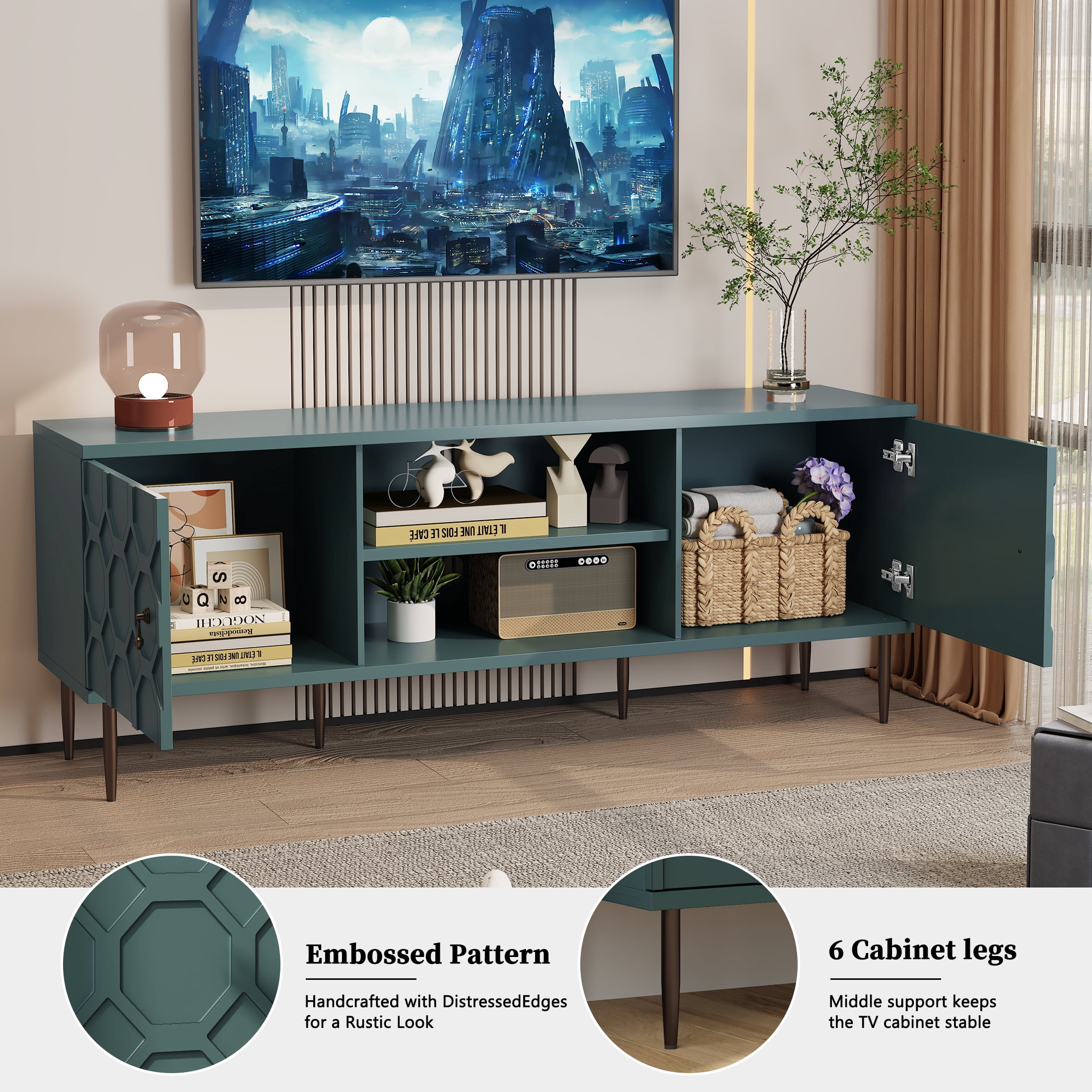 HLR Modern TV Stand for 70-in TV, Embossed Entertainment Center with Storage for Living Room, Green