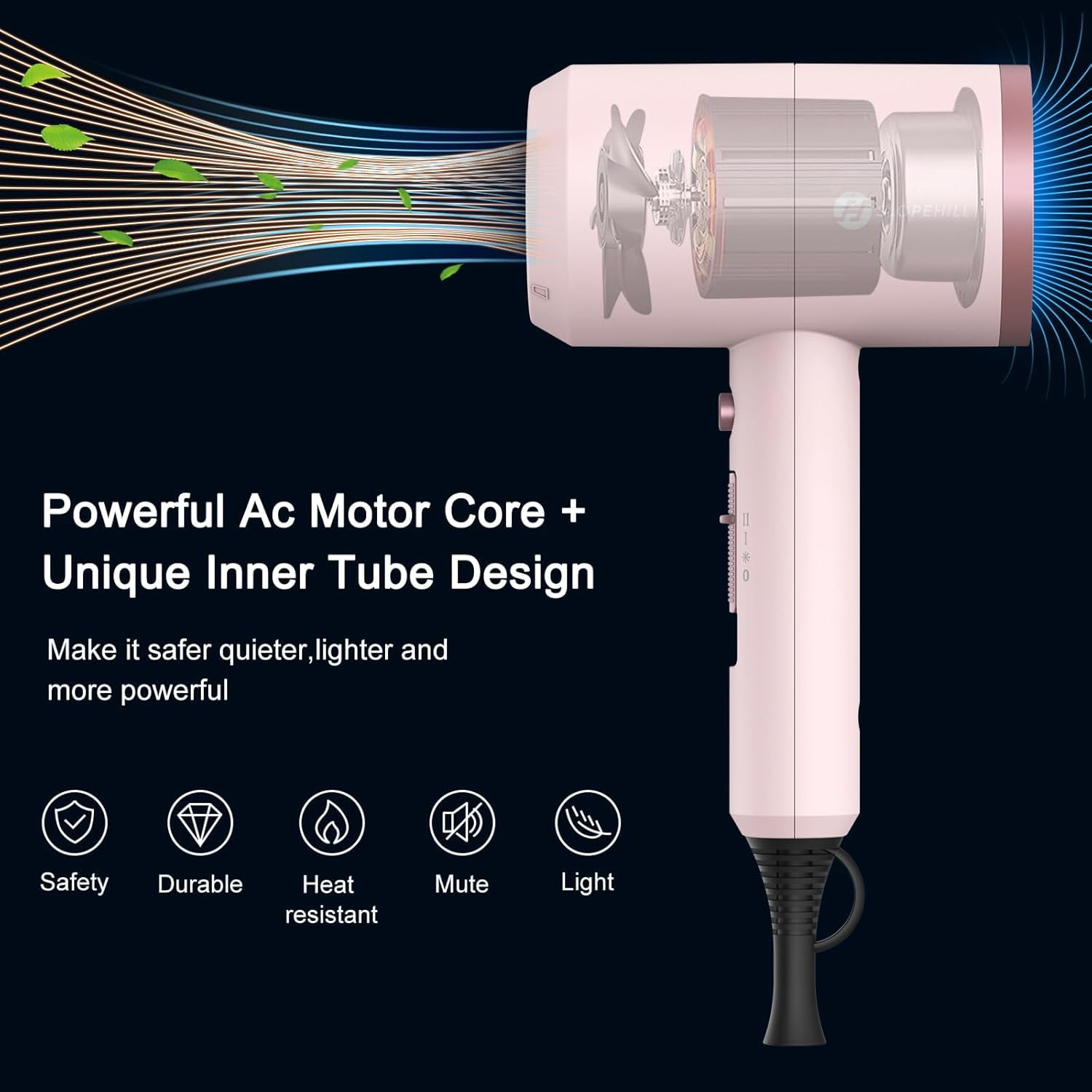 Professional Ionic Hair Dryer, Powerful 1600W & 3 Heat Settings Fast Drying Low Noise Blow Dryer with 2 Concentrator Nozzle 1 Diffuser Attachments for Home Salon Travel, ALCI Safety Plug