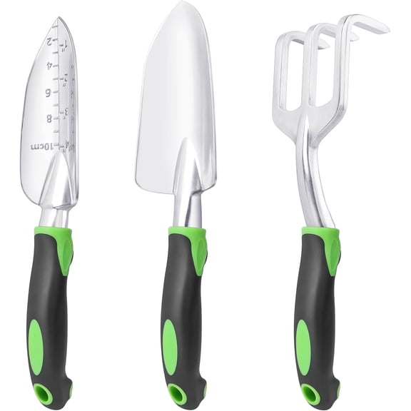 Garden Tools Set, 3 Pack Heavy Duty Gardening Set Include Shovel, Transplant Trowel and Hand Rake with Ergonomic Non-Slip Handle, Aluminum Alloy Lawn for Planting