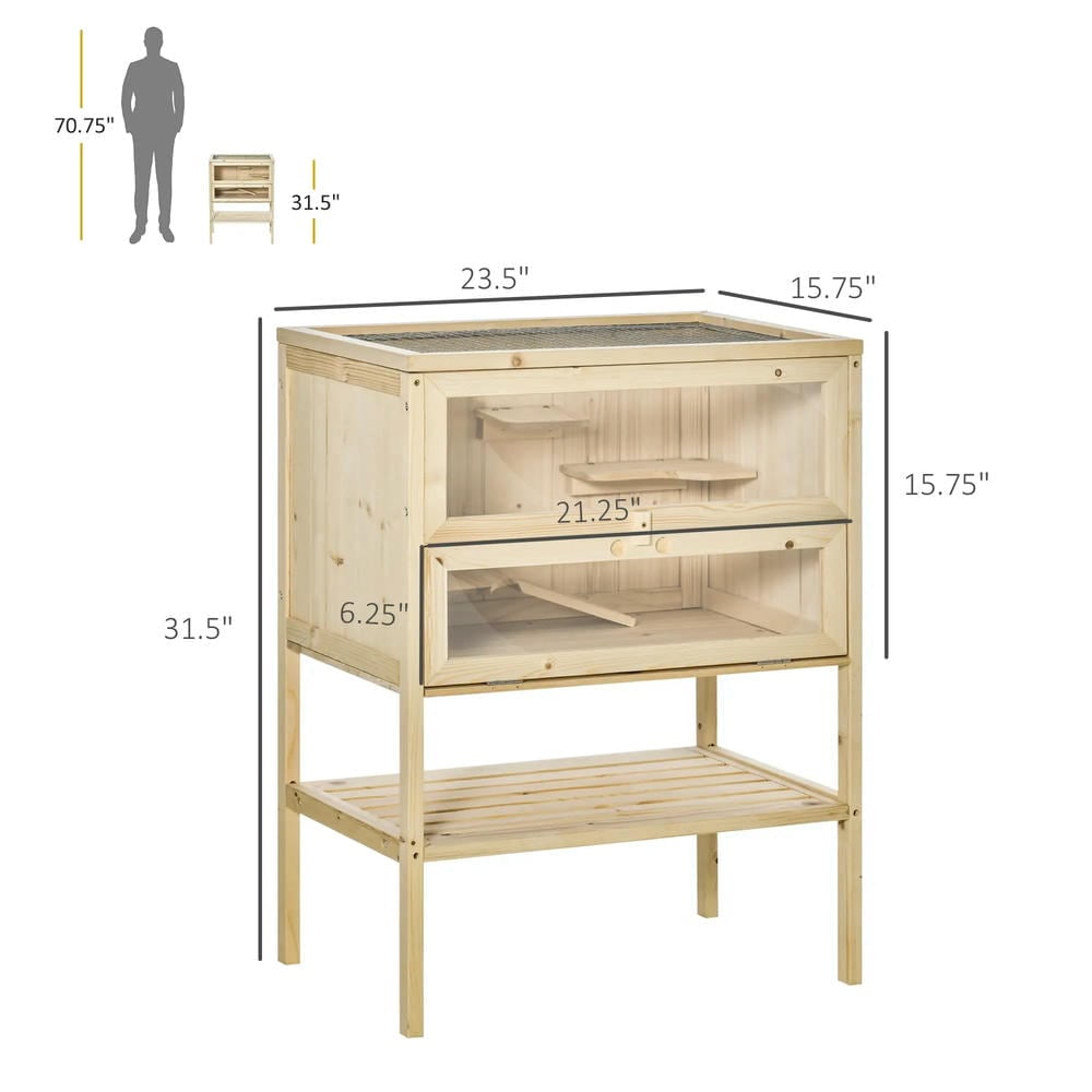 Resenkos Pet Mouse Cage, Hedgehog Cage,3-Tier Wooden Hamster Cage Mice and Rat Cage with Openable Top, Front Door, Shelf, Natural
