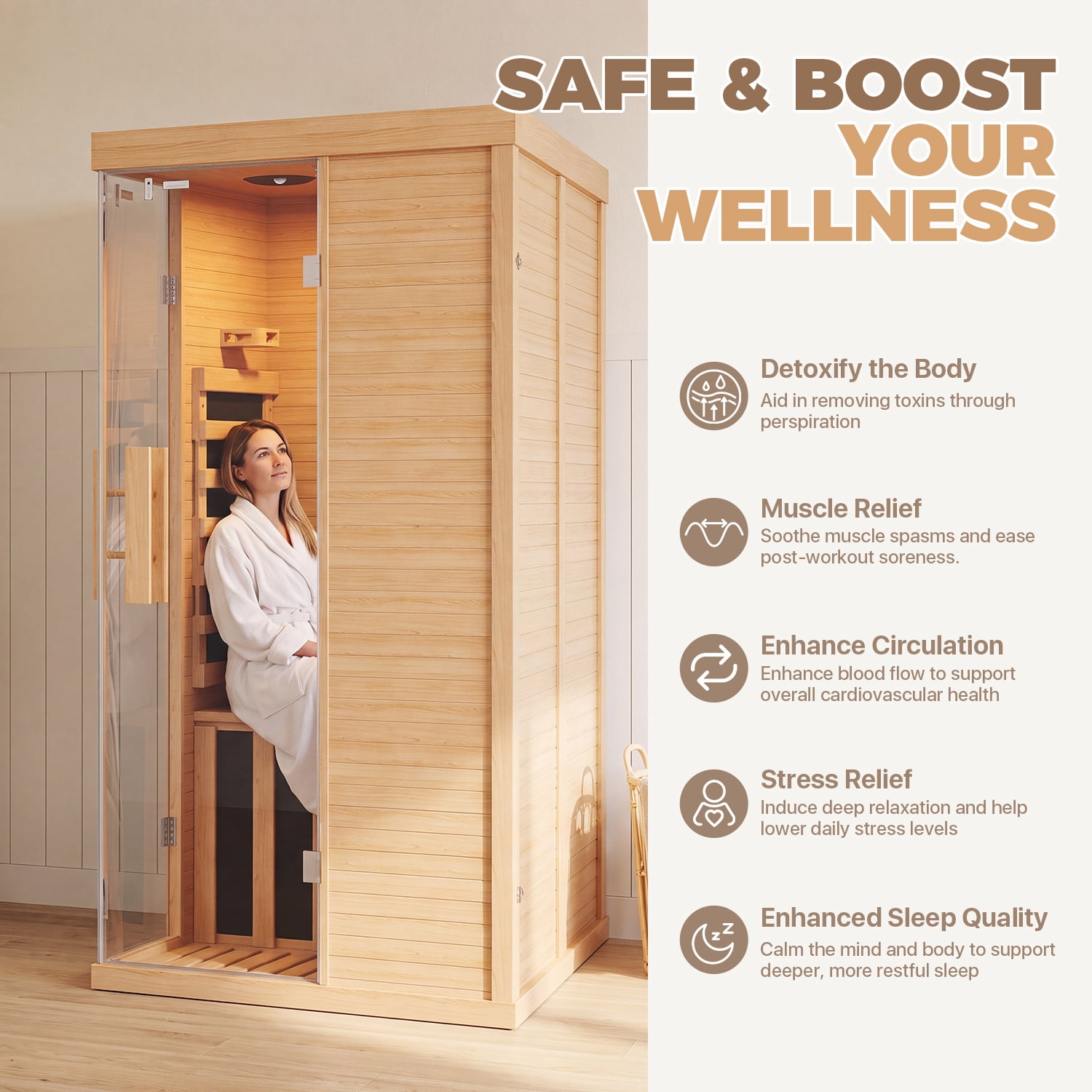 BaPiPro Infrared Sauna, 1-2 Person Home Far Wood Sauna, Canadian Hemlock Dry Sauna Spa Room with Low EMF Carbon Fiber Panels, Indoor Sauna with LED Light & Bluetooth Speaker