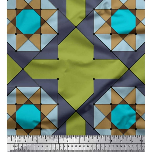 Soimoi Green Modal Satin Fabric Geometrical Star Geometric Printed Fabric 1 Yard 42 Inch Wide