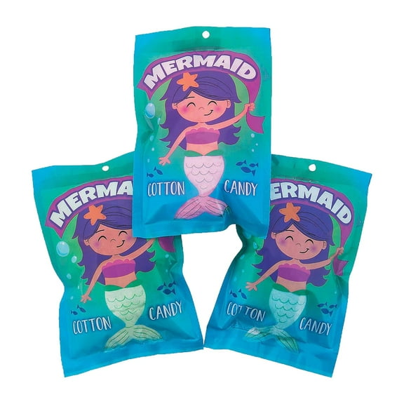 Fun Express 12 Packs Mermaid Cotton Candy, Watermelon, Pineapple, Blueberry Flavored, Great for Mermaid Birthday Party Favors