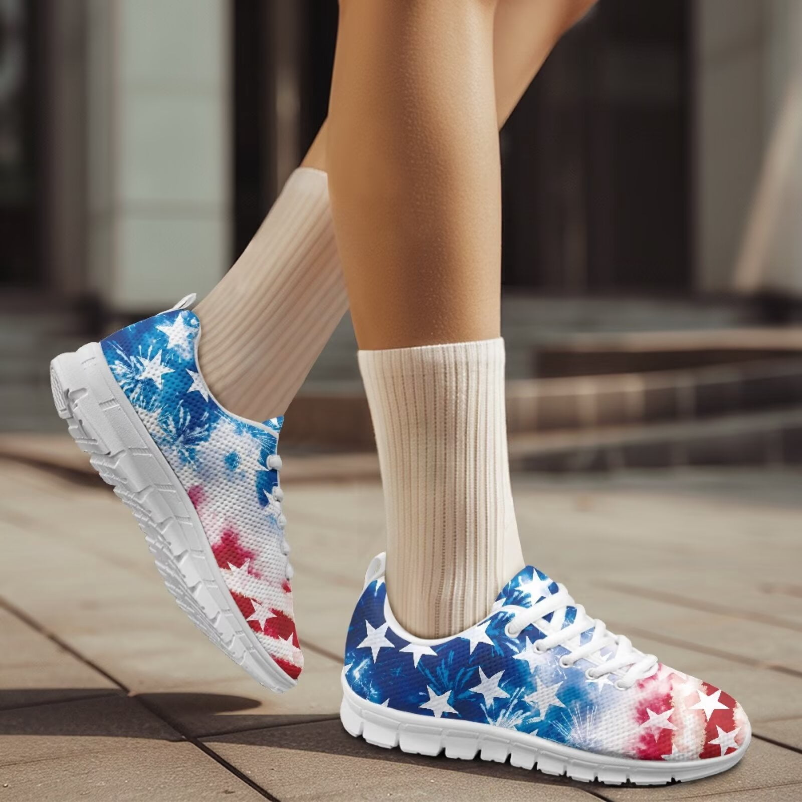 COEQINE Women Running Shoes White Sole Girls Sneakers Hiking Camping Air Mesh Casual Training Athletic Shoes 4th of July Fitness Footwear, Fireworks American Flag