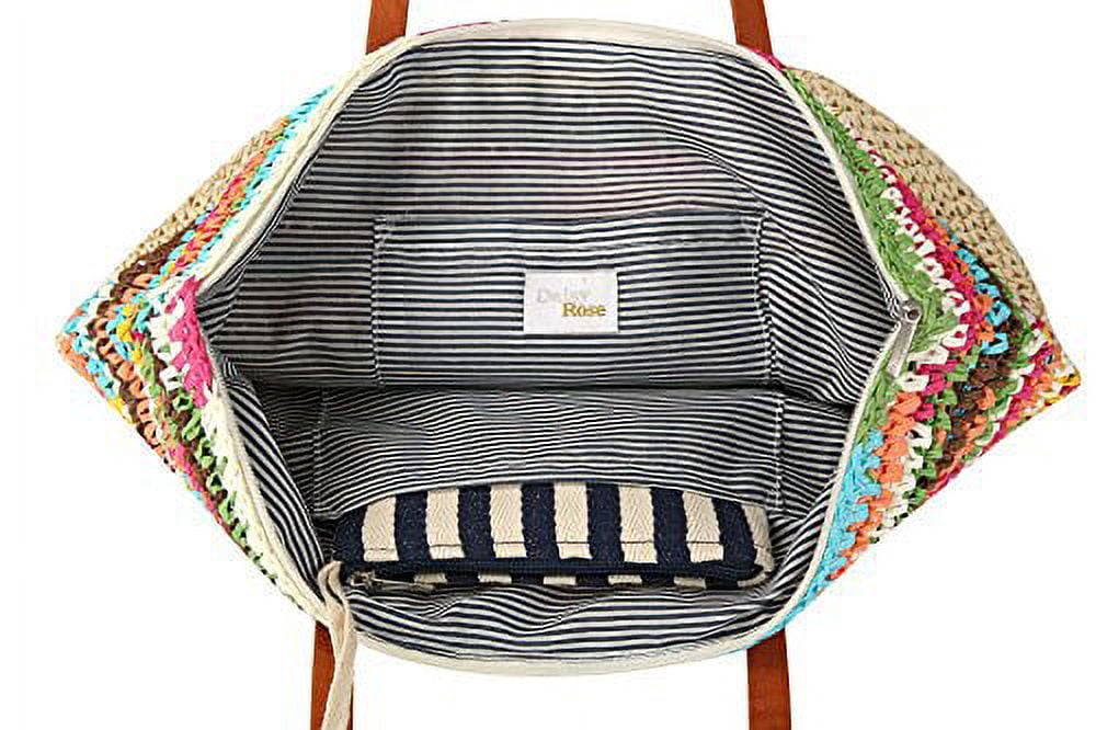 Daisy Rose Summer Handbag - Large Straw Beach Tote with Pom Poms