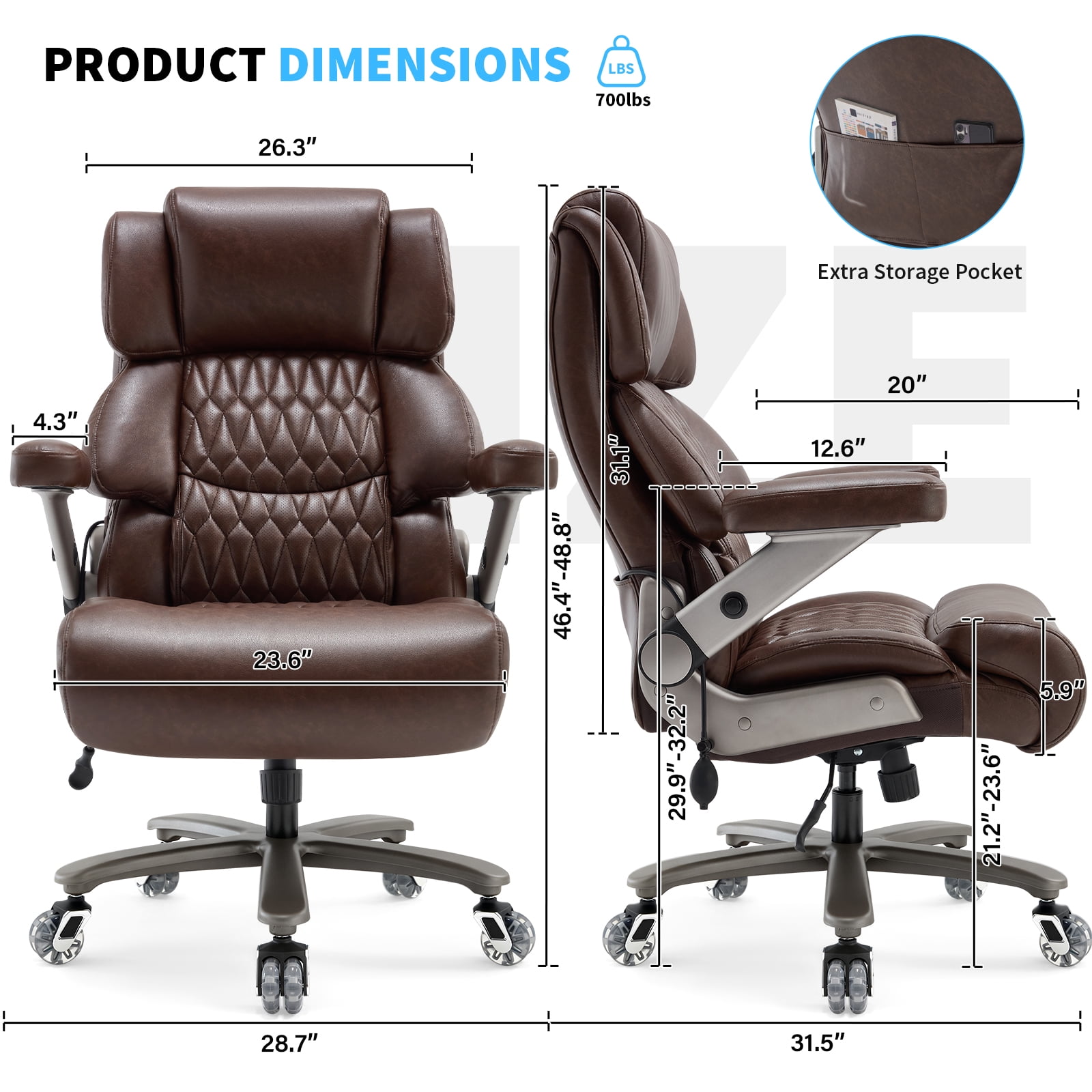 Big and Tall Office Chair 700lbs, High Back Executive Desk Chair with Adjustable 3D Arms&Lumbar Support for Back Pain, Heavy Duty Computer Chair with Strong Mental Base&Dual Rubber Wheels