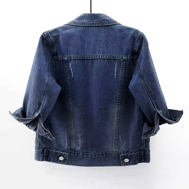 Mnjin Women s 3 4 Sleeve Washed Plus Size Denim Jacket Short Lightweight Jean Jacket Coat with Pockets Blue 1 Size XL
