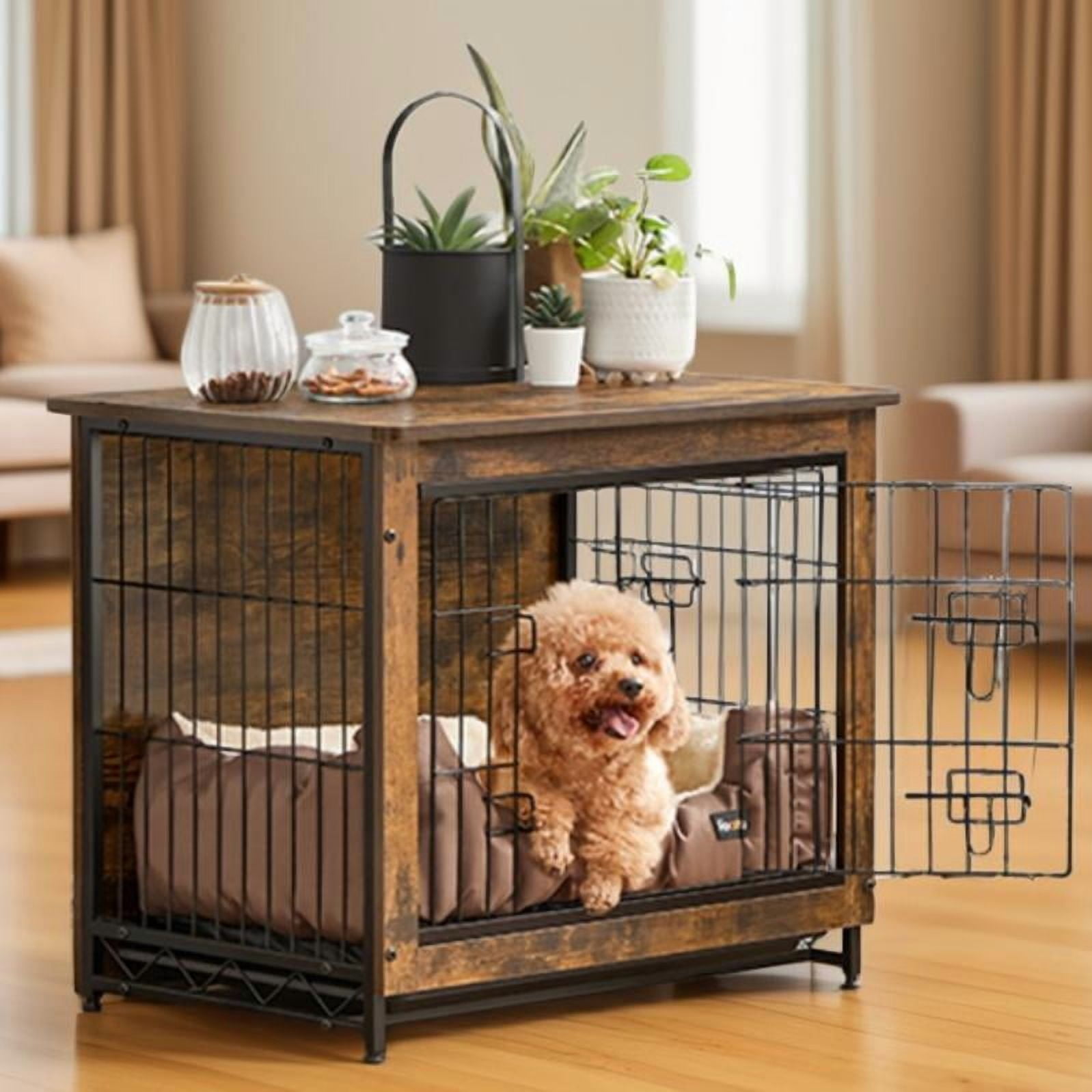 LEDREM Dog Crate Furniture, 27.2-Inch Indoor Dog Kennel with Double Doors, Removable Tray, Side Table, for Small Dogs up to 30 lb, Rustic Brown