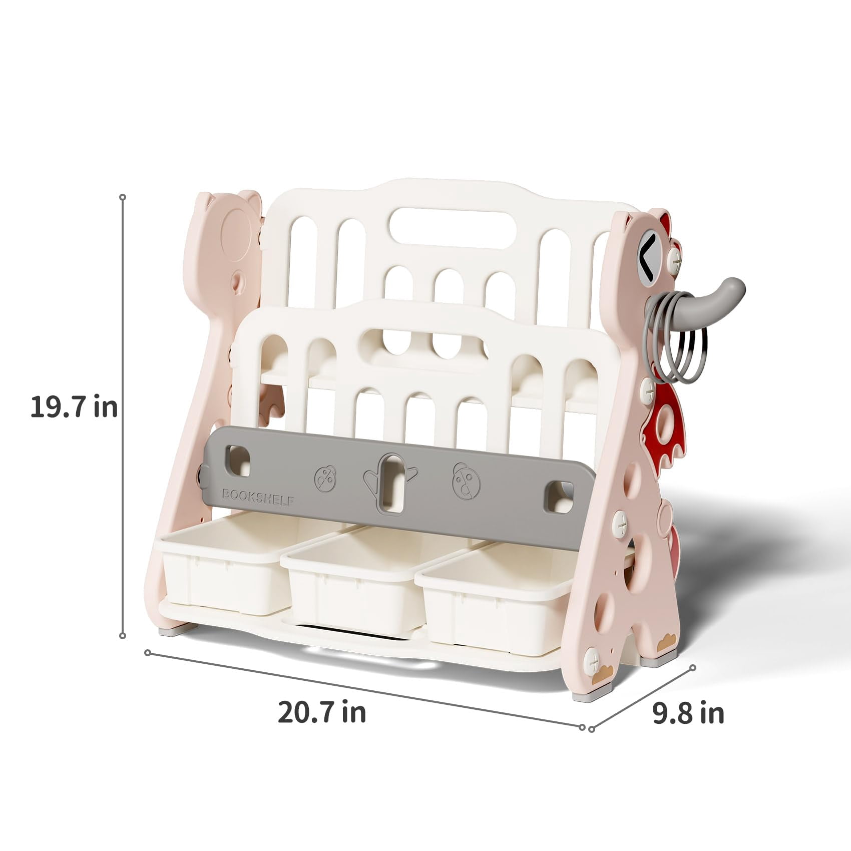 UNICOO® Kids Baby Dragon 2 Tier Bookshelf with 3 Toy Storage Bins, Children Bookshelf & Toy Organizer (Pink)