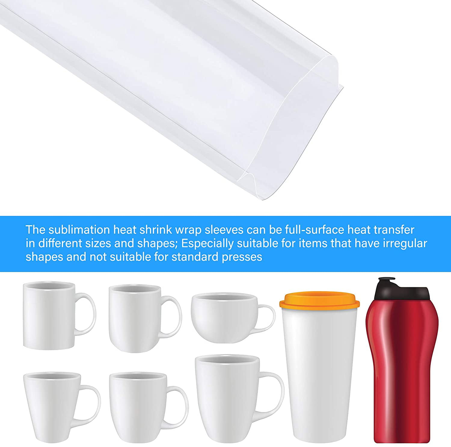 Mugs Bottles 100 Pieces,4.3 x 8 Inch Shrink Wrap Bags PVC Clear Sublimation Shrink Wrap Sleeves Double-Port Heat Shrink Bag for Phone Case Cups Candles Tumblers Jars Packaging Soap 