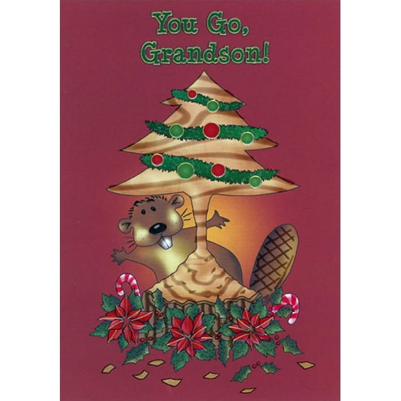 Designer Greetings Beaver Carving Tree Shape Out of Tree Trunk Juvenile African American Christmas Card for Young Grandson