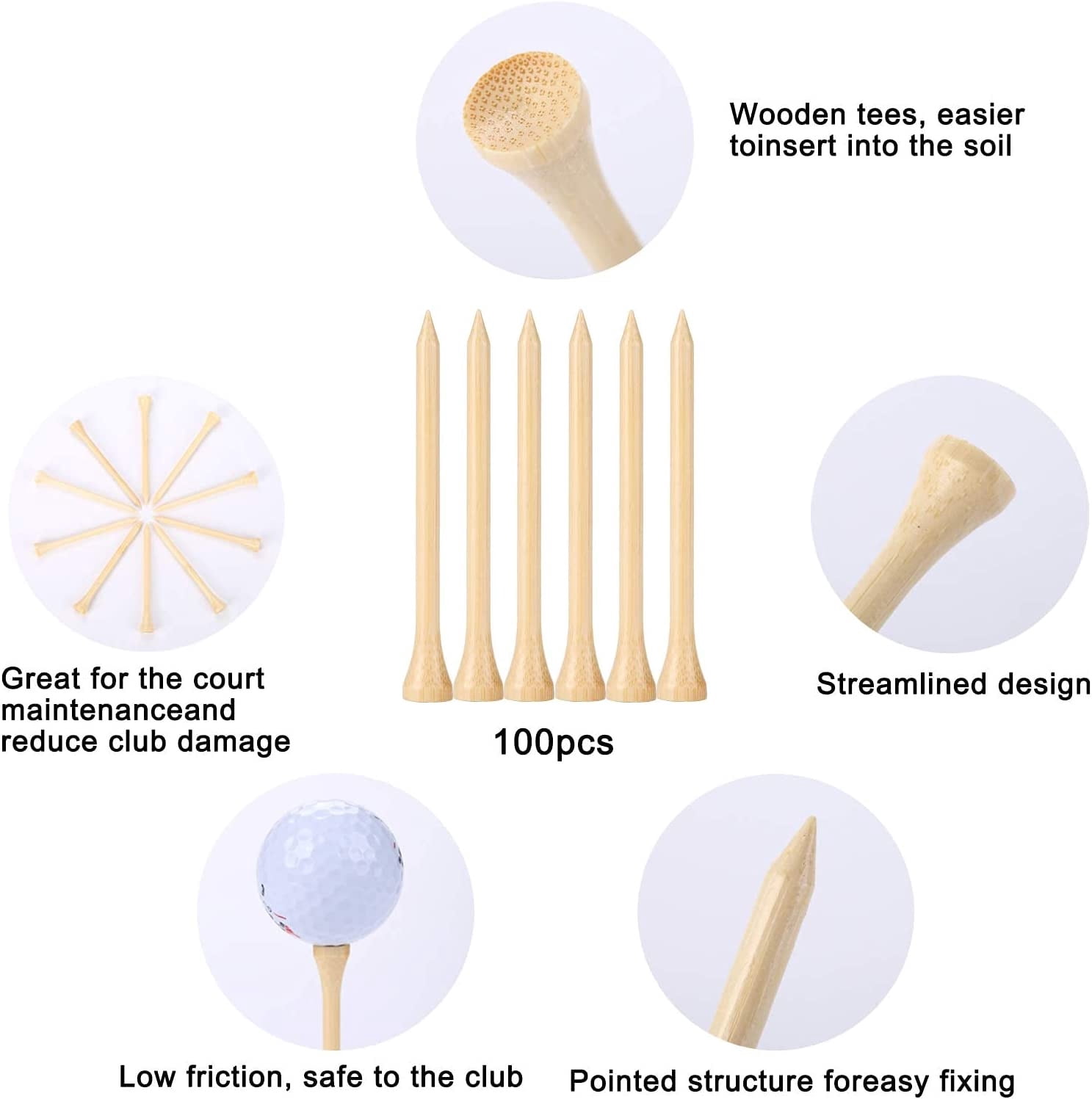 Bamboo Golf Tees 100 PCS, 42mm/54mm/70mm/83mm Length, Durable Golf Tees for Golf Course