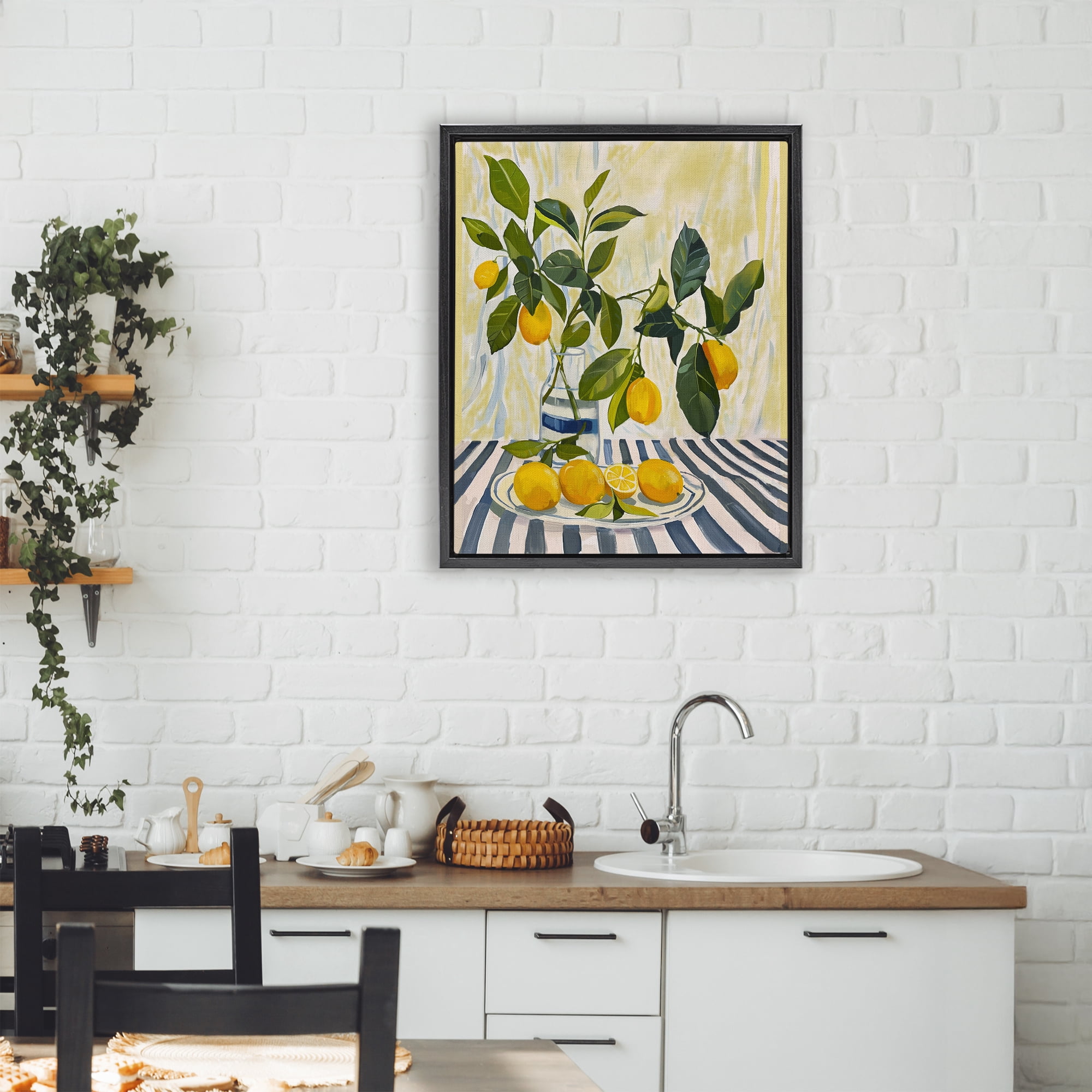 Stupell Industries Lemons on Striped Tablecloth Black Framed Floater Canvas Wall Art, design by Yen