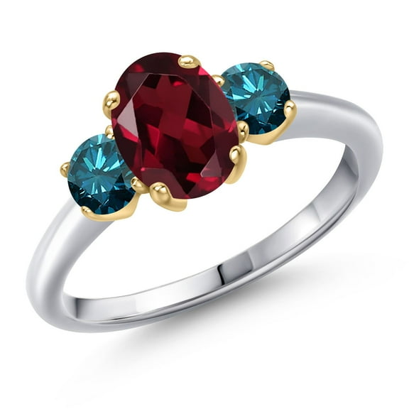 Gem Stone King 925 Silver and 10K Yellow Gold Red Rhodolite Garnet and Blue Diamond Engagement Ring for Women | 1.89 Cttw | Oval 8X6MM | Gemstone January Birthstone | Size 8