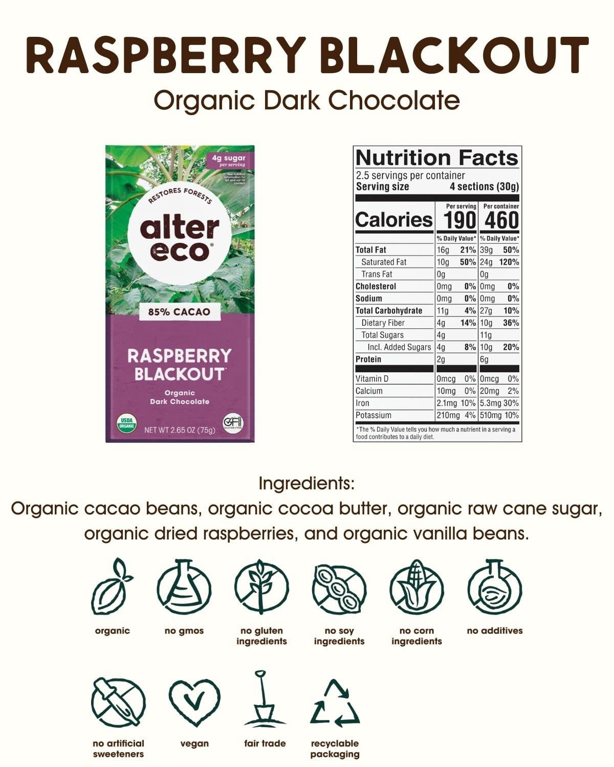 Alter Eco - Organic Dark Chocolate 85% Cacao Raspberry Blackout - 2.65 oz. Pack Of 12