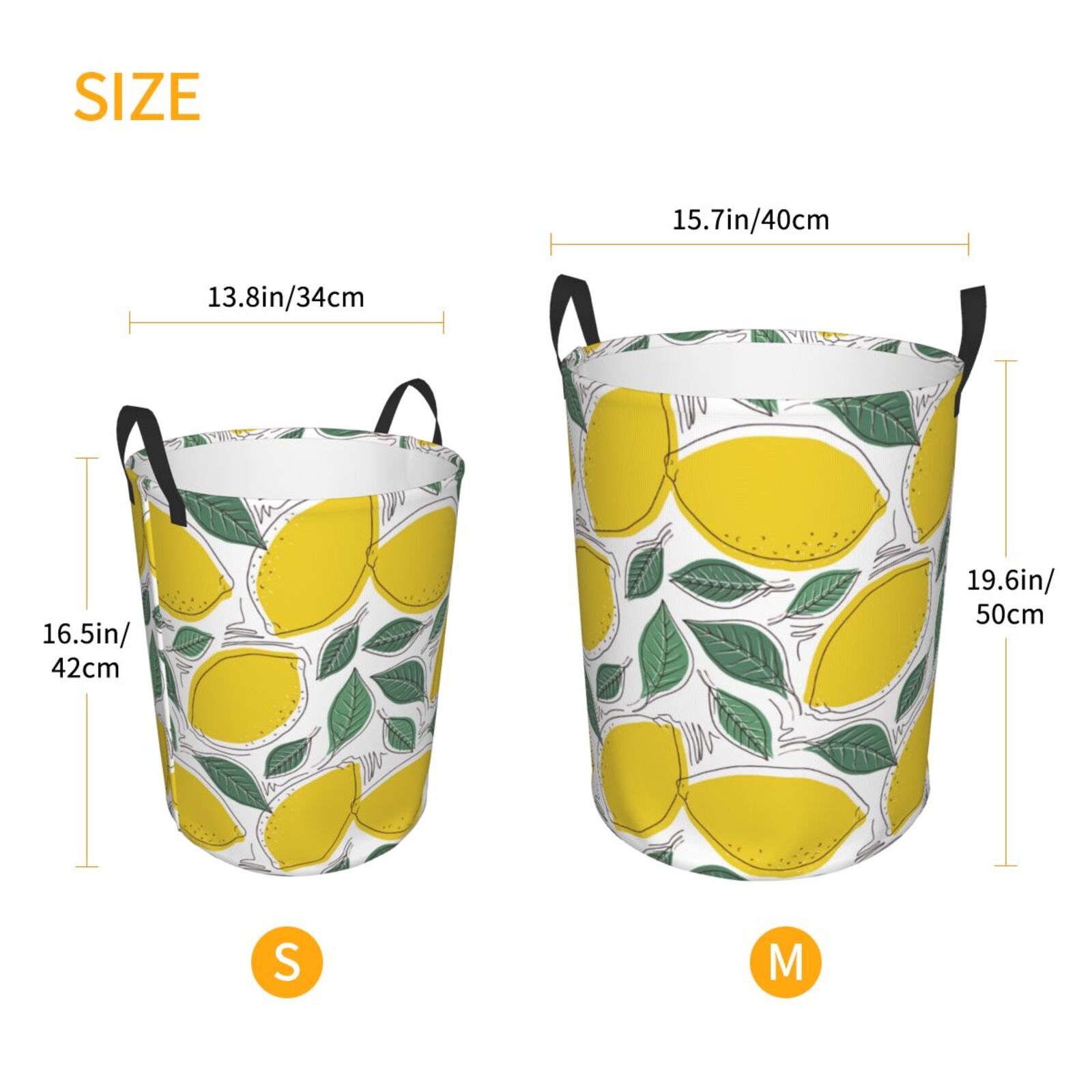 Large Laundry Basket with Handles - Cute Gold Lemon Leaves Kids Baby Dirty Clothes Laundry Hamper for Bedroom Aesthetic